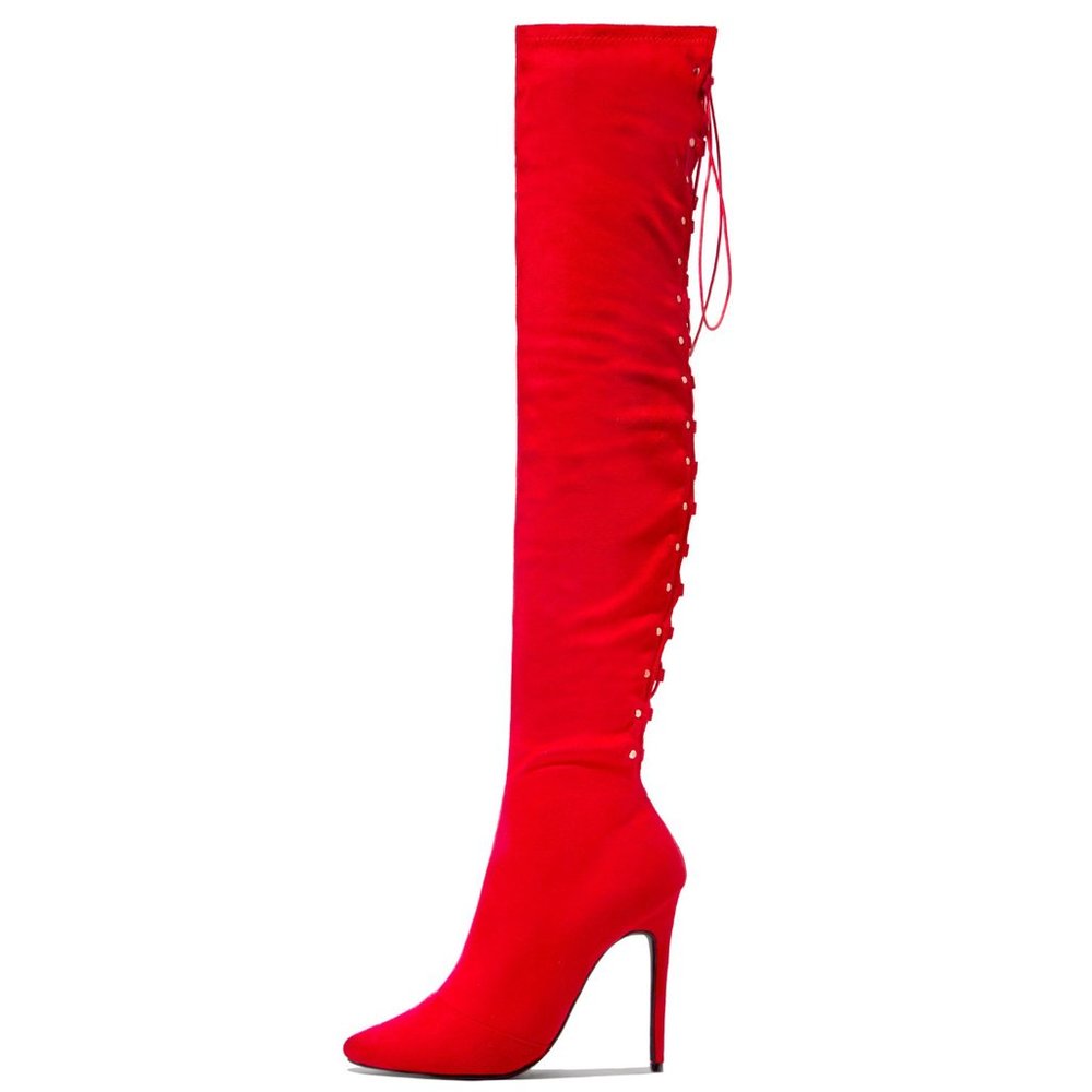 New Red Stretchy Over The Knee Thigh High Boot Gold Studded Stiletto High Heel - Picture 7 of 8